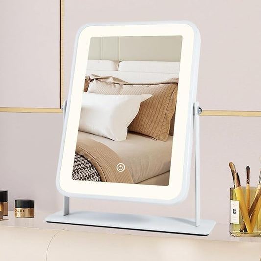 Small Desk Mirror with Lights, Lighted Makeup Mirror with Light, Portable Tabletop Make Up Mirror for Desk, Vanity Mirror with Lights,Smart Touch Control, Dual Power Supply, 360°Rotation
