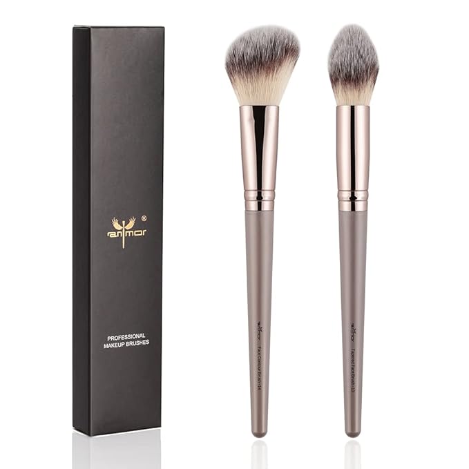 Anmor Contour and Highlighter Brush Set, Premium Blush Bronzer Face Makeup Brush Kit, Perfect for Cheek Nose Blending Contouring (Champagne, Contour/Highlighter)