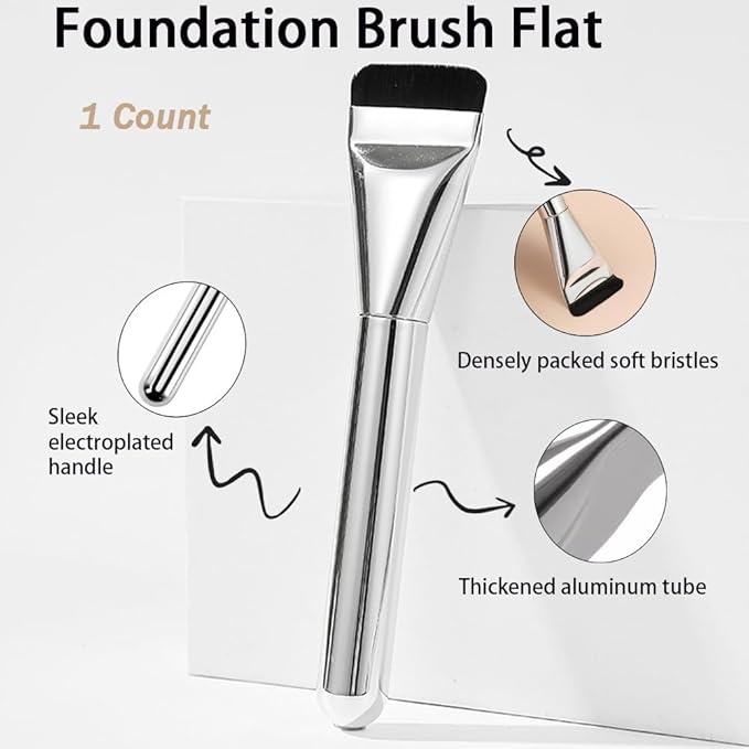 2 Count Flat Foundation Brush for Liquid makeup, Ultra Thin Face Makeup Flat Brush, Makeup Brush for Blending Mask Cream, Base Brush Tools（Silver & Silver)