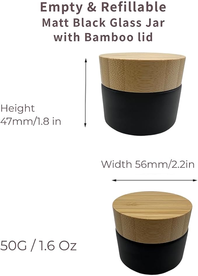Empty Refillable Matt Black Glass Cosmetic Cream Jar 4 Pack 1.6 OZ/50g with Bamboo Lids,Skin Care Travel Frost Containers Pot for Clay Masks,Butter,Body Scrub,Lip Balm, Ointments, Lotion