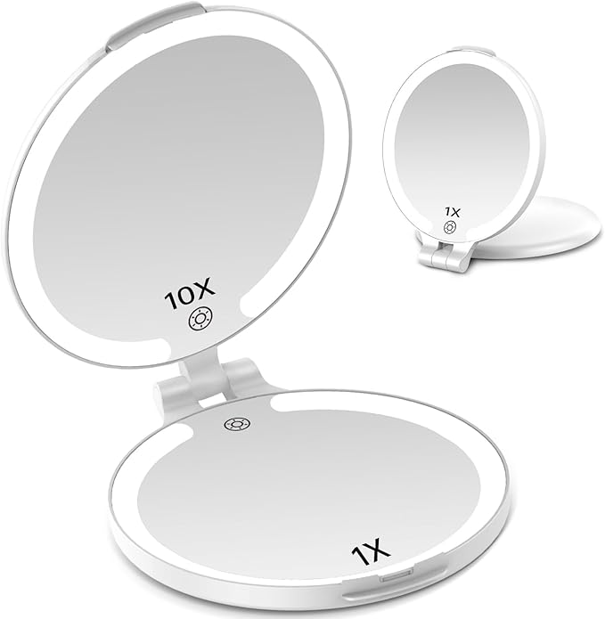 FUNTOUCH Travel Mirror with Light, 1X/10X Rechargeable Portable Magnifying Mirror with Light, Touch Switch & Adjustable Brightness Makeup Mirror for Plucking Eyebrows (7in)