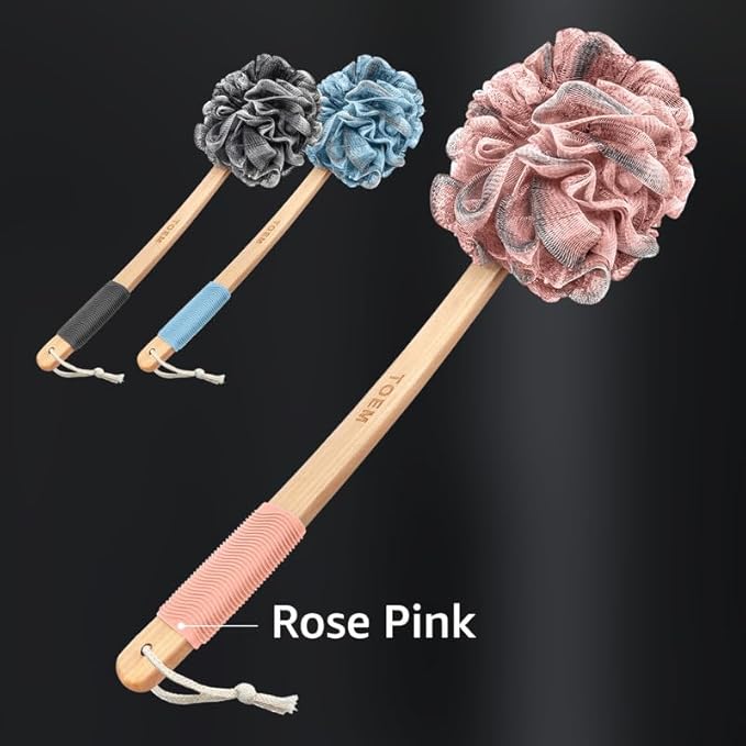 Loofah Back Scrubber for Shower | Bamboo Charcoal Fiber Infused | Loufas for Men & Women | Includes 1 Long Handled Shower Sponge, 1 Bath & Shower Luffa Pouf & 1 Hook to Hang Stuff (Rose Pink)