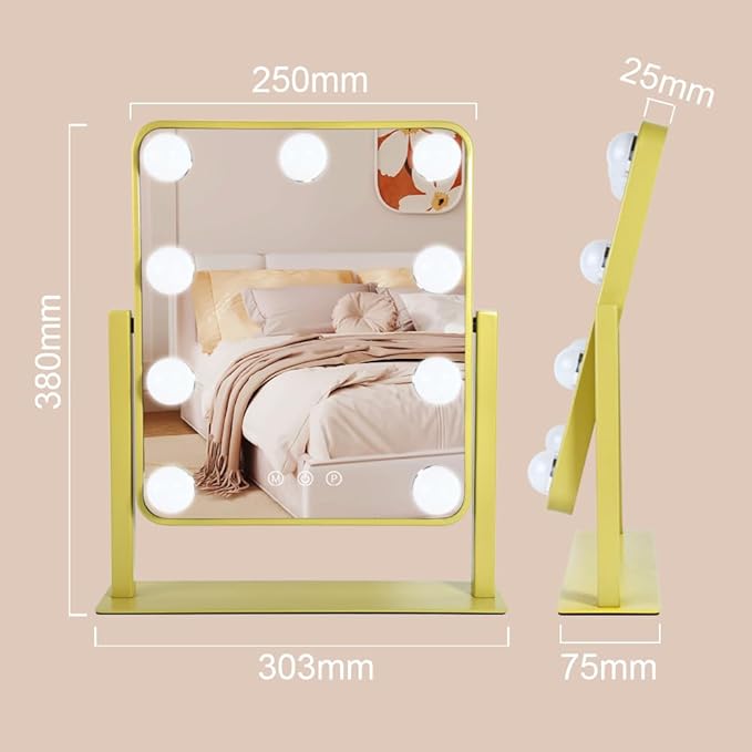 Gold Light Up Vanity Mirror,Make Up Mirror with Lighting, Lighted Makeup Mirror with Magnification, Touch Control Design 3 Colors Dimmable
