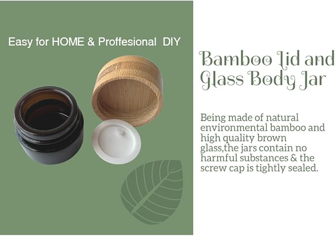 Empty Refillable Glass Cosmetic Jar 4 Pack 5g/0.17oz with Bamboo Lids,Skin Care Travel Containers Pot Vial Holder Sample Storage for Eye Cream Lotion Ointments Lip Balm Brown