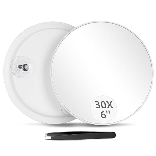 Round 30X Magnifying Mirror, 6inch Magnified Mirror with 3 Suction Cups Easy Mounting, Compact 30X Travel Magnification and Tweezers Set for Detailed Makeup,Shaving,Blackhead Blemish Removal