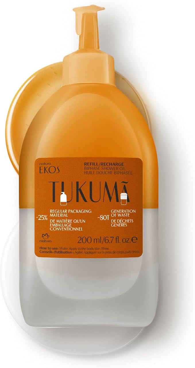 natura - Ekos Tukumã Biphase Shower Oil Refill - Replenishing In-Shower or Bath Body Oil - Anti-Signs of Aging - Skin Moisturizer - Vegan Skin Care - Brazilian Beauty Secrets - 6.7 fl oz (200ml)