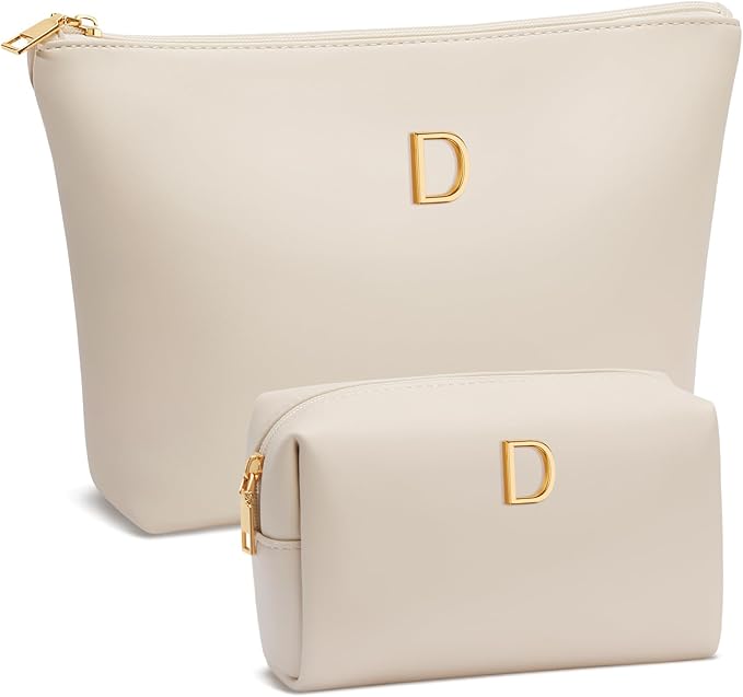 Women Gifts | Initial Makeup Bag Set for Girl Personalized Gifts for Bridesmaid Friend Graduation Teachers PU Leather Cosmetic Travel Toiletry Bag(Beige,D)