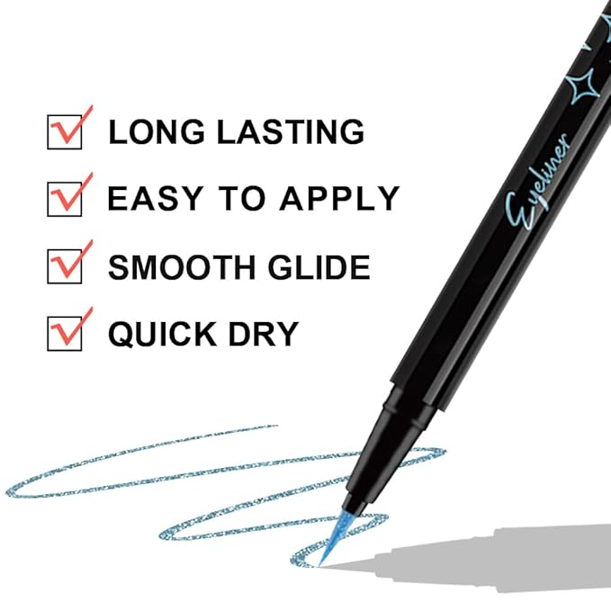 evpct 2Pcs Blue Glitter Shimmer Liquid Eyeliner Eye Makeup Pencil Pen, Pearl Blue Chrome Eyes Liner Face Glitter Makeup Fake Eyelashes Mascara Accessories, Sparkle Metallic Eyeliner Pen Waterproof