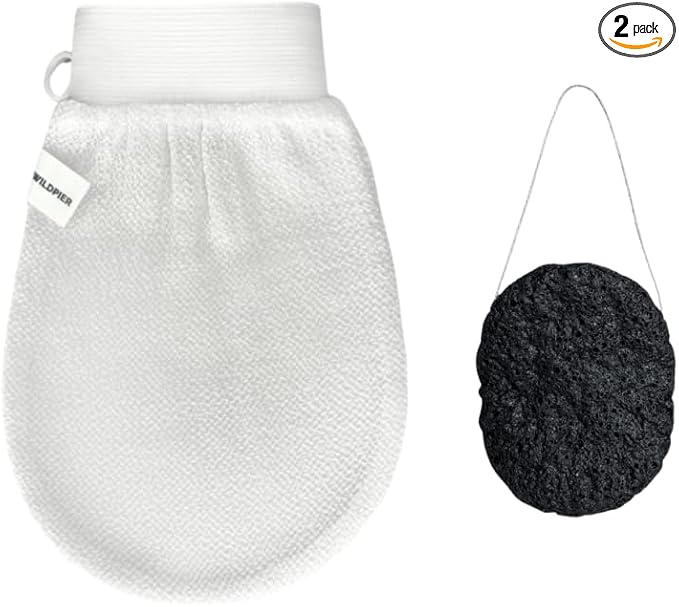 Wildpier Deep Exfoliating Glove and Bamboo Charcoal Konjac Sponge Bundle