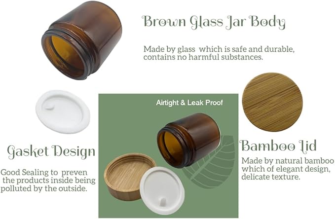 Empty Refillable Brown Glass Cosmetic Cream Jar 4 Pack 3.3 OZ/100g with Bamboo Lids,Skin Care Travel Containers Pot for Clay Masks,Butter,Body Scrub,Lip Balm, Ointments, Lotion