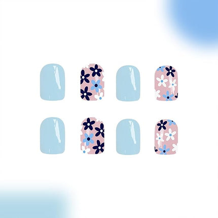 Short Fake Nails Square Press Ons Full Cover False Nails with Light Blue Flower Designs Acrylic Press Ons Artificial Glossy Stick Ons Reusable Glue Ons for Women 24 Pcs