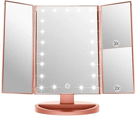 Trifold Makeup Mirror Vanity Mirror with Lights,1X 2X 3X Magnification,Touch Screen,180 Adjustable Rotation,Portable Travel Bathroom Cosmetic Mirror