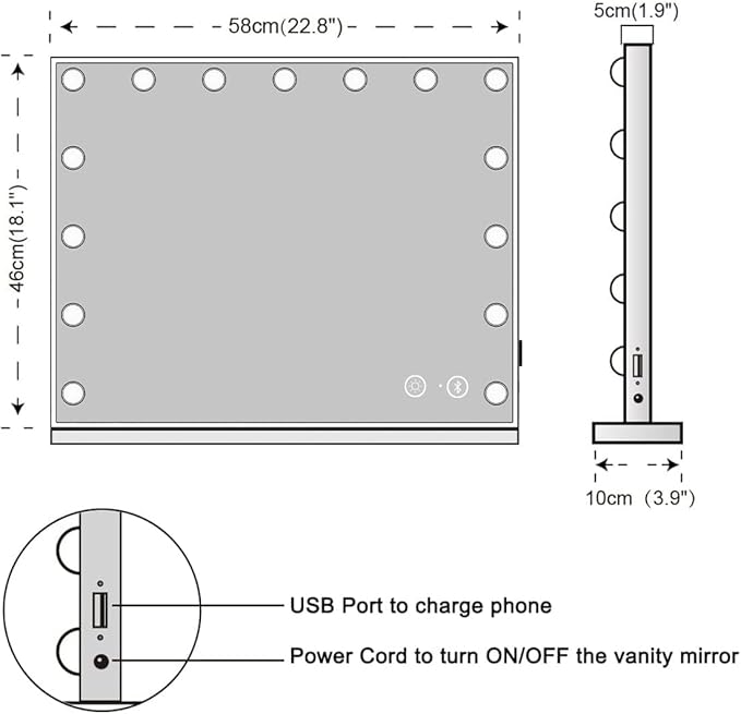 Fenair Vanity Mirror with Lights and Speaker Hollywood Speaker Support Answer Call, Touch Screen, 3 Color Modes Tabletop 15 Dimmable Bulbs