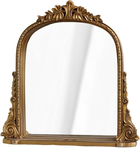 Vintage Antique Gold Framed Tabletop Mirror - Small Decorative Mirror with Carved Resin Frame for Vanity, Desk, or Shelf Decor