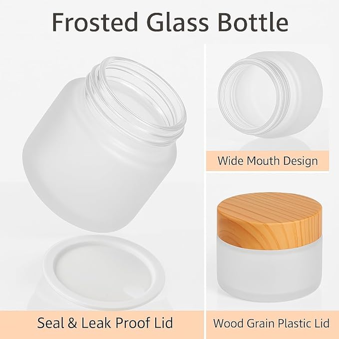 16Pcs 1oz & 1.7oz Glass Cosmetic Containers with Wood Grain Lids – Refillable Frosted Glass Jars, Leakproof Cream Containers for Travel, Body Scrub, Lotion, Lip Scrub, DIY Skincare（50ml/30ml）