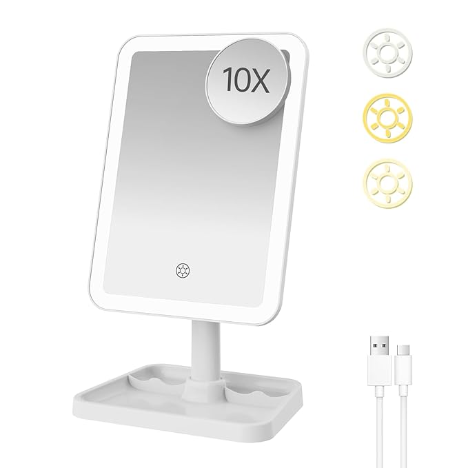 FUNTOUCH Rechargeable Lighted Mirrors for Makeup, 2000mAh, 10X Magnification/3 Color Lighting Portable Tabletop Cosmetic Make Up Mirror, 360° Rotation Led Light up Mirrors with Storage,White