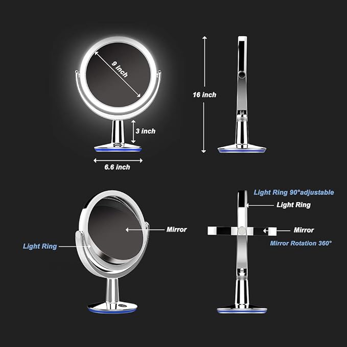 SuperGlow 9" Round Shaped Dual-sided Lighted Makeup Mirror, 1X/5X Magnifying Vanity Mirror, Brightness 1000Lux, 360 Degree Rotating Adjustable Brightness Mirror, Brushed Nickel Finish