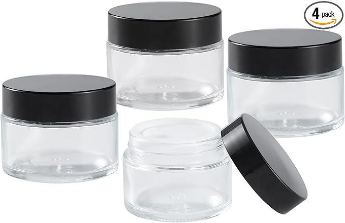 OverNews 2oz Glass Jar Travel Size, 4PCS Empty Cosmetic Lotion Container with Black Lid & Spatula, Small Mini Jar for Beauty (Clear)