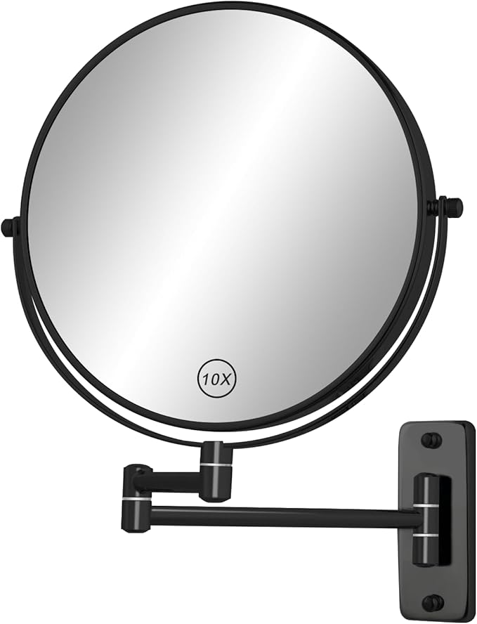 8" Wall Mounted Magnifying Makeup Mirror, 1X/10X Double-Sided Shaving Mirror with 360° Swivel & Extendable Arm for Bathroom Vanity, Black - No Light