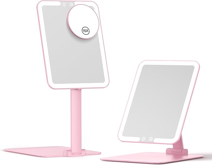 Benbilry Travel Makeup Mirror with Light, 15X Magnifying Mirror & 3 Color Modes, 1800mAh Rechargeable, Adjustable Height/Angle Stand, Foldable LED Vanity Mirror for Tabletop (Pink)