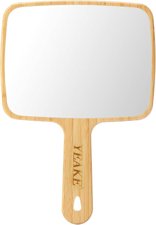 YEAKE Hand Mirror,Natural Bamboo Handheld Mirror with Handle, Single-Sided Portable Travel Vanity Mirror for Men & Women,6.9" W x 9.9" L