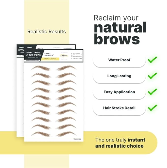 10 Pairs Medium Brown Temporary Eyebrow Tattoos, Waterproof and Smudge-Proof Medium Sassy Swerve Style Realistic Eyebrow Stickers for Women, Easy to Apply, Won't Work on Existing Brows