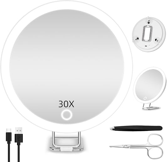 30X Magnifying Mirror with Lights, 6inch Makeup Magnifying Mirror, Travel 30x High Magnification with 3 Color Dimmable Lights - 3 Suction Cups & Adjustable Stand, for Detailed Makeup/Shaving