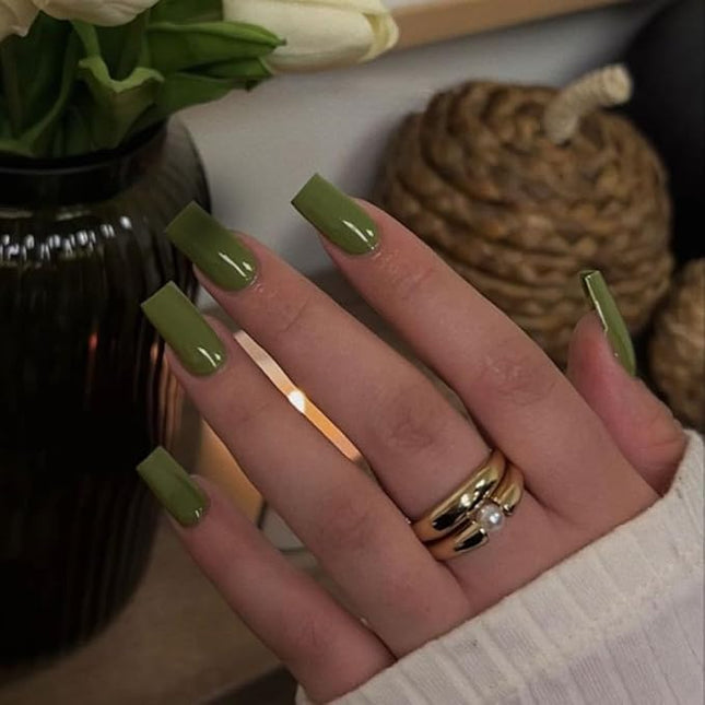 Olive Green Press on Nails Long Square, KXAMELIE Medium Coffin Nails Press ons Long Glue on Nails Natural Thick Fake Long Nails Acrylic Nails Reusable 24 Fake Nails Solid Color False Nails for Women