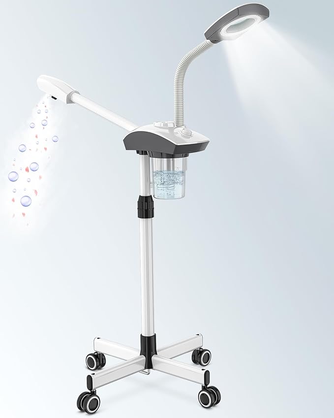 Kingsteam 2-in-1 Salon Grade Professional Facial Steamer with 5X Magnifying Lamp,Esthetician Steamer for Women,Hot Mist Face Steame: 2 Adjustable Steam Levels, 60 Min Timer & 3-Level LED Light, White