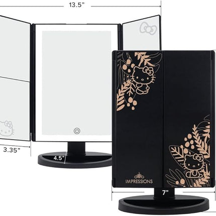 Impressions Vanity Hello Kitty Mirror with Lights, Trifold LED Tri Tone Makeup Mirror with Touch Sensor and Three Adjustable Mirror Panels, Handheld Magnifying Makeup Mirror (Black)