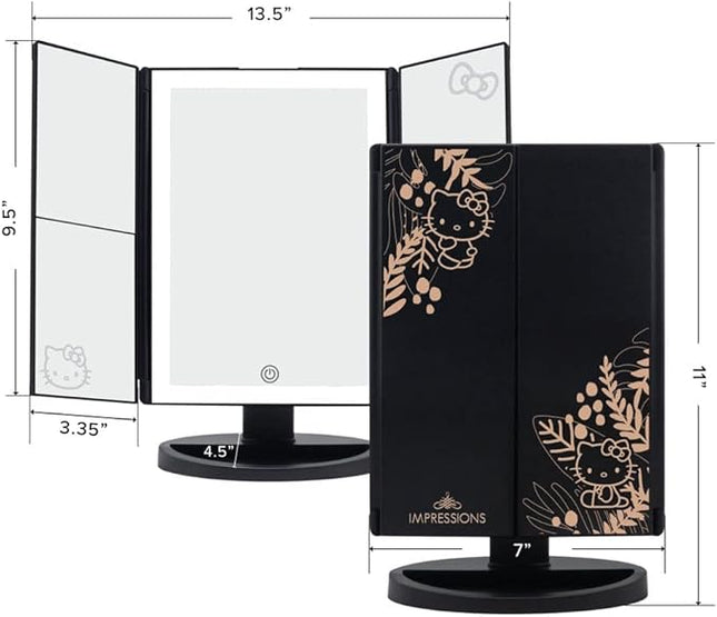 Impressions Vanity Hello Kitty Mirror with Lights, Trifold LED Tri Tone Makeup Mirror with Touch Sensor and Three Adjustable Mirror Panels, Handheld Magnifying Makeup Mirror (Black)