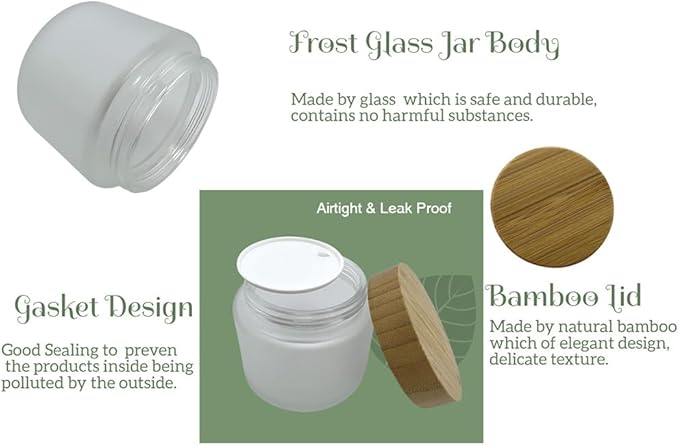 Empty Refillable Frosted Glass Cosmetic Cream Jar 4 Pack 6.7 OZ/200g with Bamboo Lids,Skin Care Travel Containers Pot for Clay Masks,Butter,Body Scrub,Lip Balm, Ointments, Lotion Frost