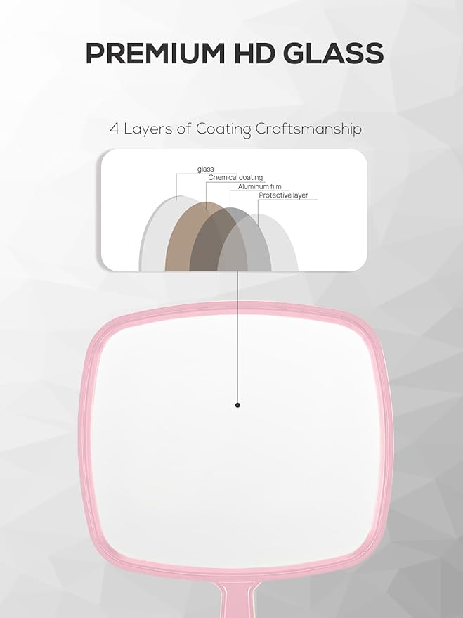 Extra Large Handheld Mirror，Hand Salon Mirror with Handle for Barbers, Hairdressing (Pink，12.4" Lx 9" W)