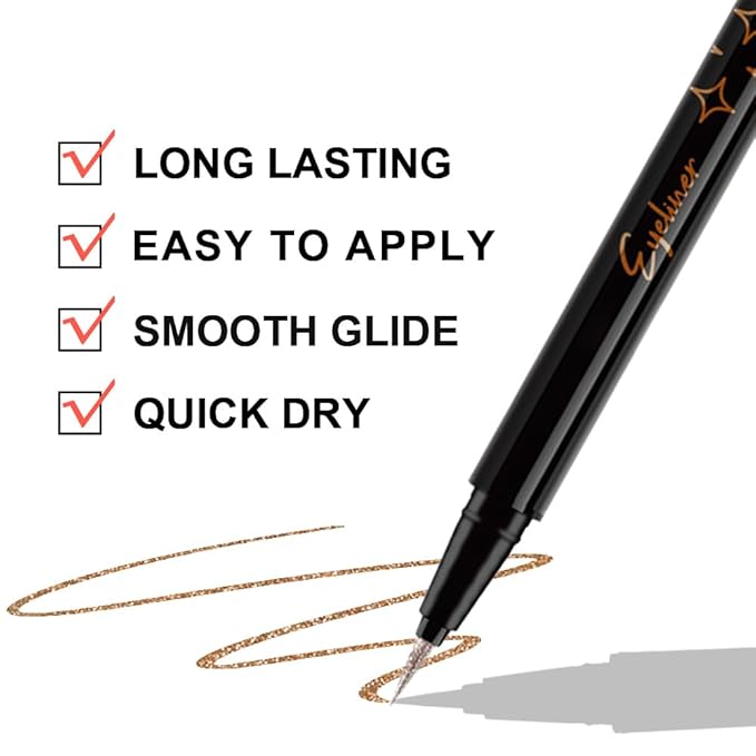 evpct 2Pcs Gold & Bronze Glitter Glittering Diamond Liquid Eyeliner Eye Makeup Pencil Set, Sparkle Shimmer Colored Eyeliner Pen Waterproof Smudge Proof Long Lasting High Pigmented