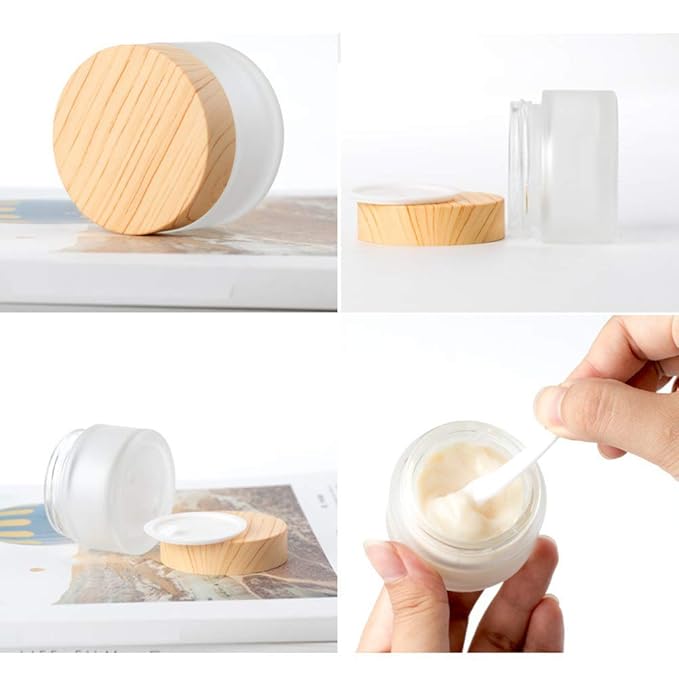 12 Packs 1 Oz Empty Jars 30ml Round Frosted Glass Cream Jar Bottles Holder with Wood Grain Lids Refillable Case Vial Pot Cosmetic Container Glass Bottles for Lotion Face Lip Balm Eye Cream