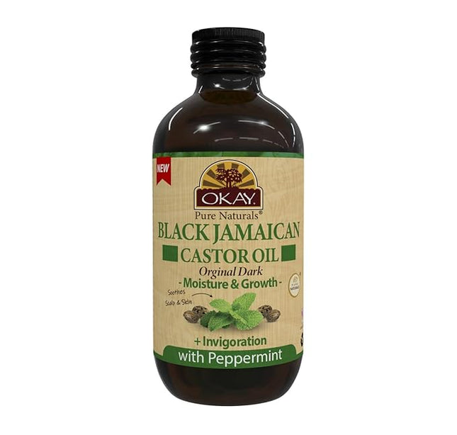 Okay Pure Naturals Black Jamaican Castor Oil - Castor Oil for Hair Growth, Moisture for Skin, Face, Scalp, Eyelashes, Eyebrows - Hair Oil for Men & Women - Peppermint, 4 oz Glass Bottle