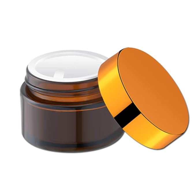 1 Oz Amber Round Glass Jars with Inner Liners and Gold Lids(12PCS) Empty Cream Containers Refillable Cosmetic Vials for Cosmetics, Lotions, Ointment, Body Scrubs & Balms