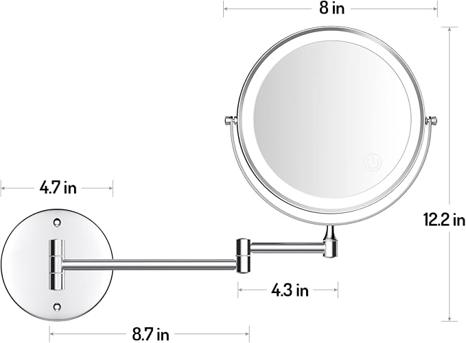 Rocollos Rechargeable Wall Mounted Lighted Makeup Mirror, 8 Inch Double-Sided LED Vanity Mirror 1X/7X Magnification,3 Color Lights Touch Screen Dimmable 360°Swivel 13 Inch Extendable