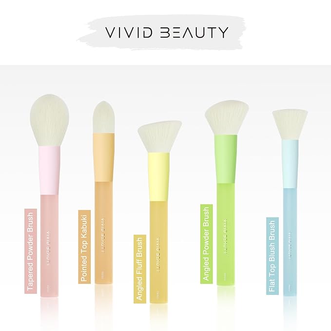5pcs Multi Color Face Makeup Brush set – Powder, Kabuki, Angled Fluff, Blush Brushes with Vegan Bristles That Mimic Natural Wool – Non-Slip Rubber Handles – Perfect for Contouring, Setting, Blending