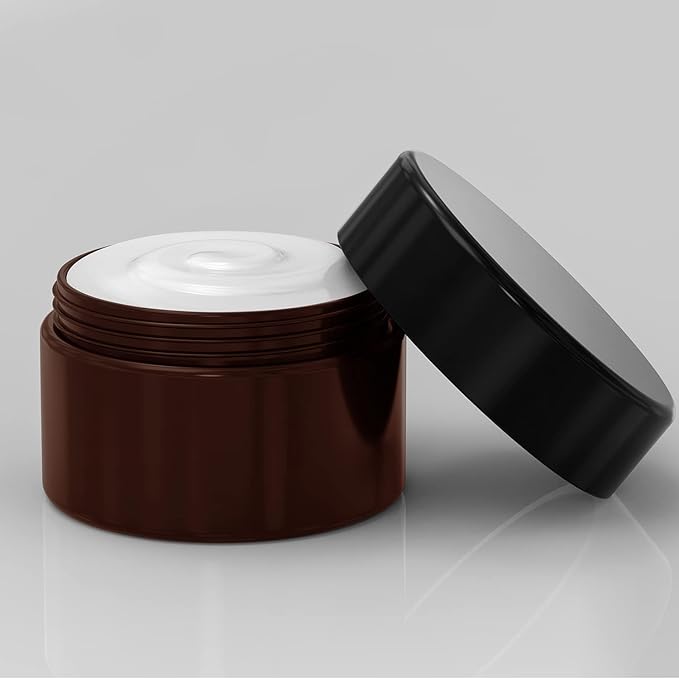 8 oz Amber Plastic Cosmetic Jars Leak Proof Container with Black Lid for Cream, Lotion, Powder, ointment, Beauty Products etc, 6 Pcs.