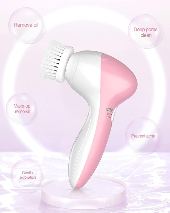 Electric Facial Cleansing Brush for Women, 3-in-1 Face Cleanser and Exfoliator Brush with 3 Brush Heads, 2 Speeds, Waterproof Spin Brush, Travel Size Case (Pink, Battery Operated)