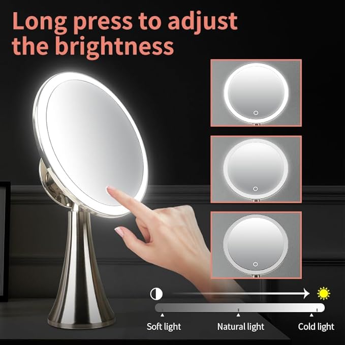 Surdy 9" Lighted Makeup Mirror, 5x/10x Dual Magnifying Mirror w/ 3 Color, Brightness Adjustable,360° Rotation, 4000 mAh Rechargeable, Women Gift, Vanity Mirror
