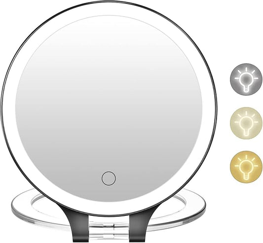 FASCINATE Magnifying Mirror 10X 1X Double Sided Magnification Makeup Vanity Mirror Rechargeable Lighted Mirror with 3 Color Setting Adjustable Rotation LED Vanity Desk Mirror