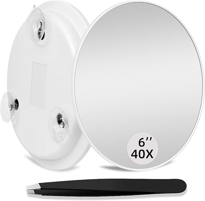 40X Magnifying Mirror, Round 40X High Power Magnification 6inch Large Travel Magnifying Mirror with 3 Suction Cups Mounting, Powerful 40x Makeup Magnification with Tweezers Set