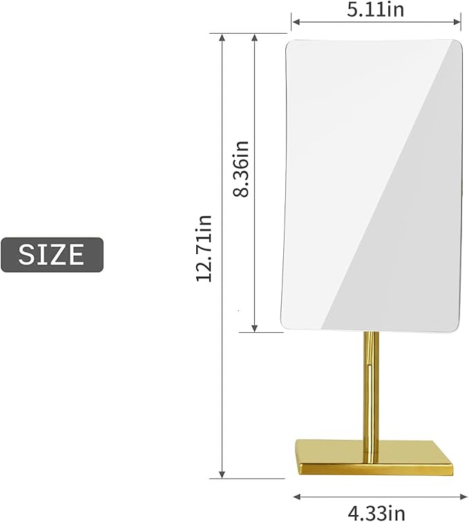 DOWRY 5X Tabletop Magnifying Makeup Mirror Adjustable Rectangular Vanity Mirror for Bedroom 304 Stainless Steel Gold Brushed
