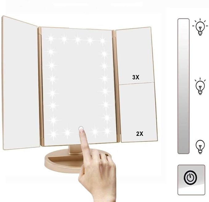 Trifold Makeup Mirror Vanity Mirror with Lights,1X 2X 3X Magnification,Touch Screen,180 Adjustable Rotation,Portable Travel Bathroom Cosmetic Mirror