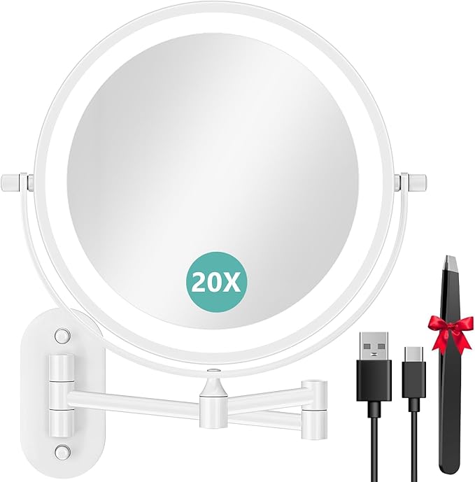 1X/20X Wall Mounted Makeup Mirror with Light, 8" Rechargeable Double-Sided Magnifying Mirror, Vanity Mirror Dimmable 3 Color Light, 360° Extension Rotation Foldable 14.5 Inch Arm for Bathroom