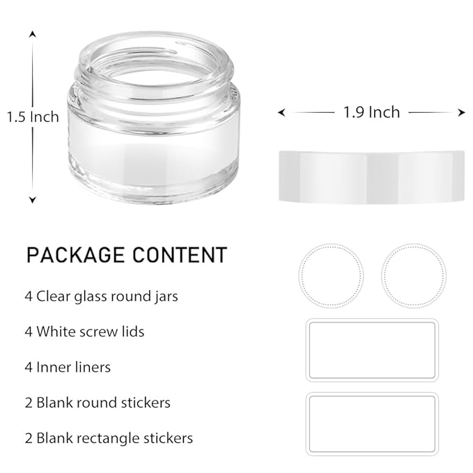 4 Pack 1oz Small Glass Containers with Lids, Tecohouse Glass Jars with White Lids & Inner Liners, Mini Travel Toiletries Container for Slime, Makeup, Cream, Lotion, Cosmetic