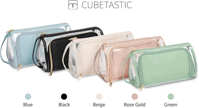 CUBETASTIC Clear Cosmetic Bags, Transparent Plastic Makeup Zipper Pouch Travel Makeup Up Organizer Case, Portable Cute Small Toiletry Bag with Handle and Side Compartment, Green