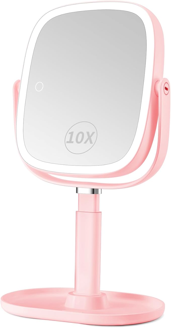 Lighted Makeup Mirror, 2600mAh Rechargeable 1x/10x Magnifying Vanity Mirror, 8.5" Height Adjustable Makeup Mirror with Lights 3 Color, 360° Rotation 2-Sided Light up Large Desk Mirror - Pink